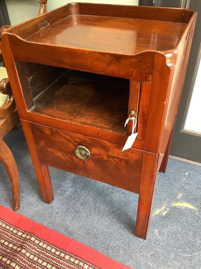 A Georgian mahogany tray-top commode, having tambour shutter on square supports, width 50cm depth 45cm height 78cm